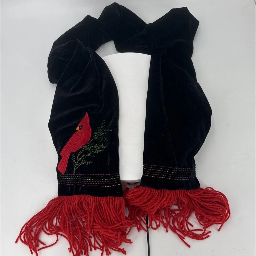 Black Velvet Embroidered Scarf W/ Cardinal Bird & Pond Branch &‎ Red Fringe